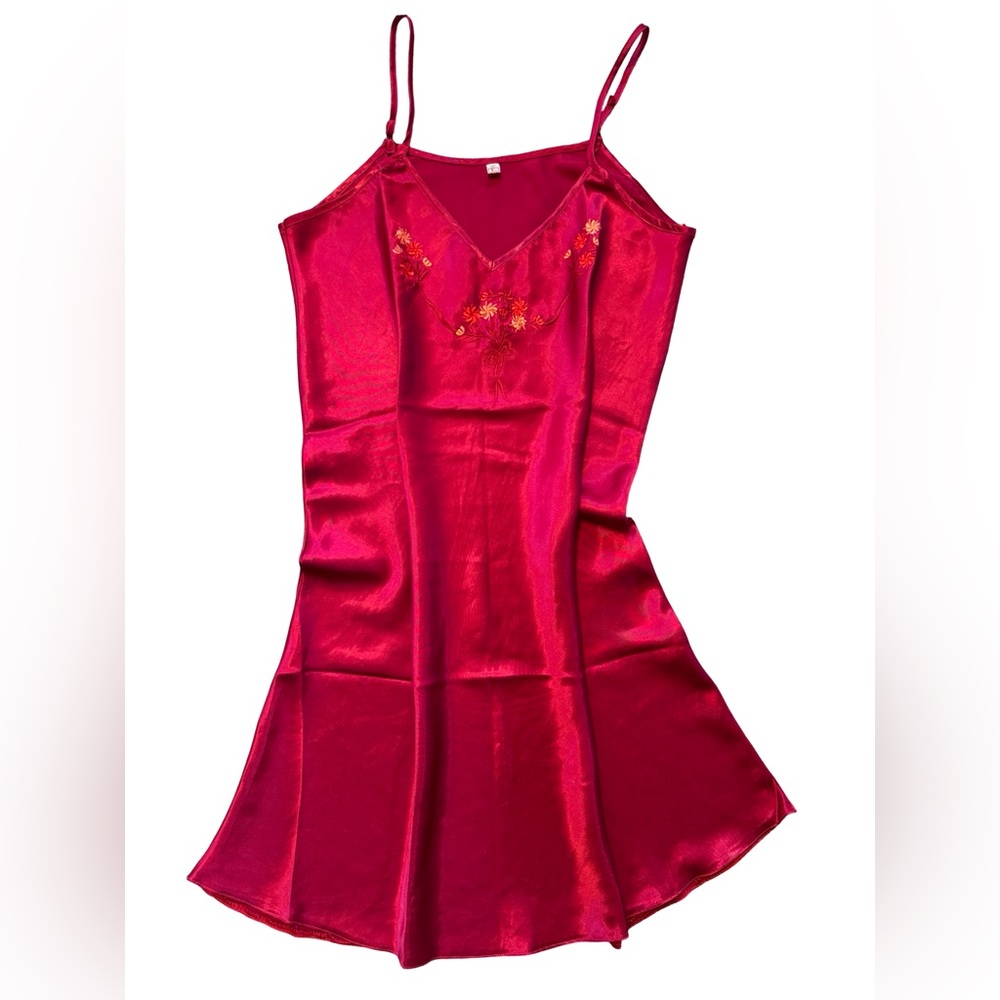 Vintage Red Floral Embroidered Slip Nighty Dress